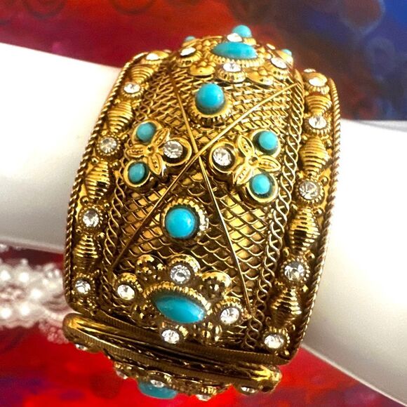 Gold-Tone Turquoise & Crystal Clamper Cuff Bracelet - Picture 3 of 8